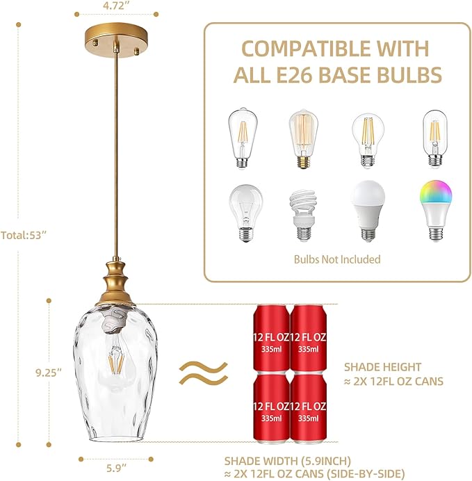 Pendant Lights Kitchen Island, Gold Pendant Light Fixtures Hanging Light Fixture Transparent Water Ripple Glass Lamp Shade Island Lights for Kitchen Living Dining Room Farmhouse Pendant Light