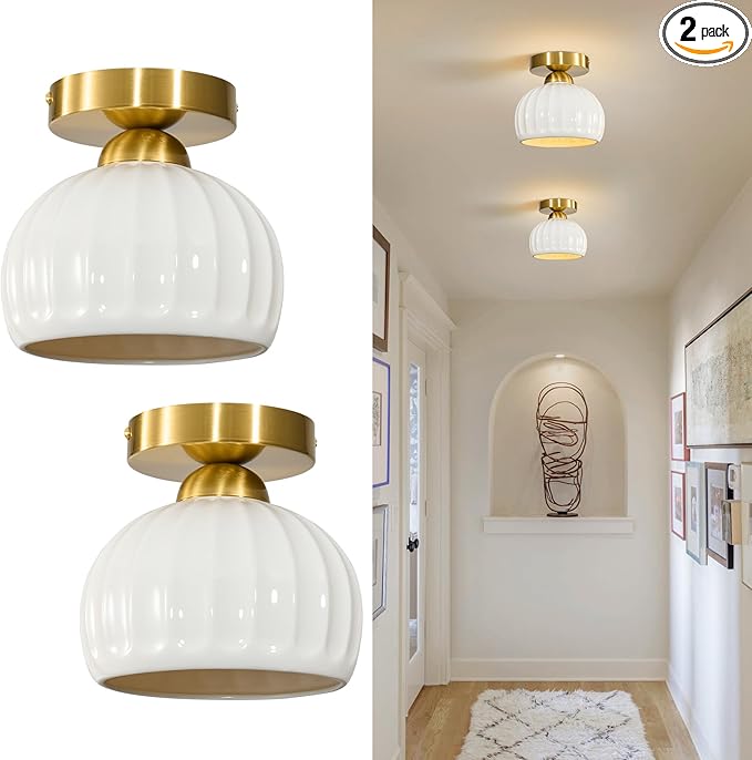 Glaze Ceramic Semi Flush Mount Ceiling Light - 2 Pack, Vintage Gold Hallway Light Fixtures, Milk White Globe Ceiling Lights, Mid Century Small Light Fixture for Cottage Entryway Laundry Room Foyer