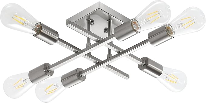 6-Light Semi Flush Mount Ceiling Light Fixture, Modern Brushed Nickel Sputnik Chandelier Lighting, Farmhouse E26 Stock Ceiling Lamp Kitchen Bedroom Living Room Entryway, Bulbs Not Included