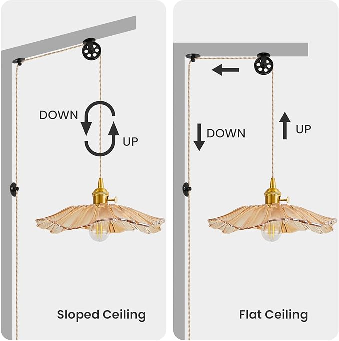 Plug in Glass Pendant Lights Kitchen Island Brass Glod Vintage Hanging Light Fixture Flower Light for Bedroom Kitchen Hallway Corded On/Off Switch Bathroom Amber Sunflower