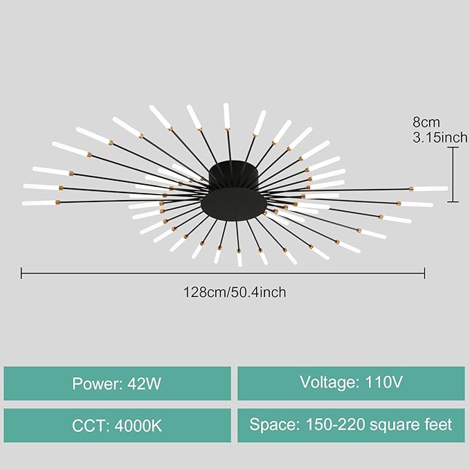 ziidoo Modern Ceiling Light, 42 Lights Metal Firework Designed Chic Led Lighting Fixture for Farmhouse Kitchen Dining Room Bedroom Hallway Living Room (Black)