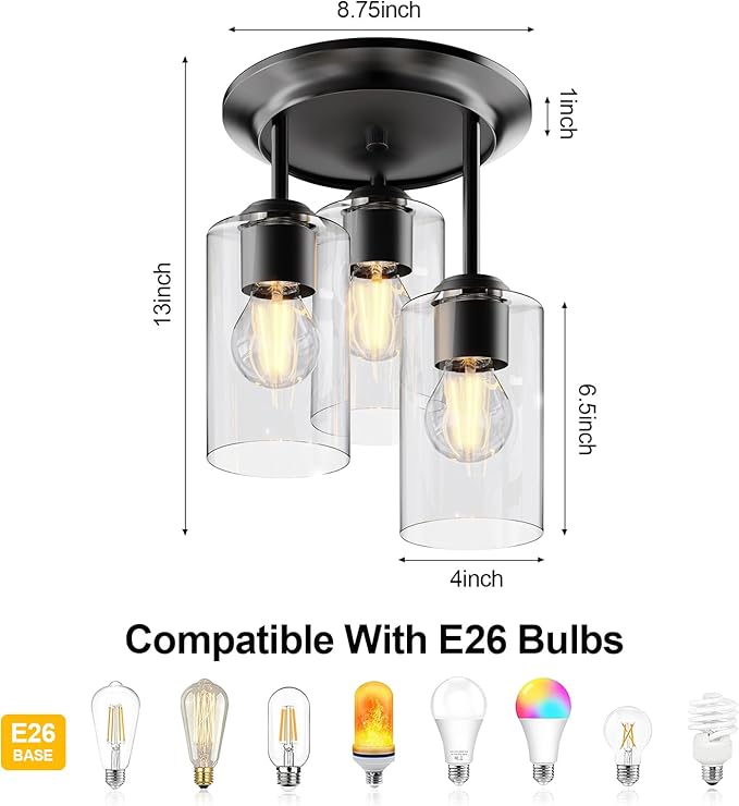 Kalium 3-Lights Semi Flush Mount Ceiling Light Fixture, Matte Black Light Fixtures, Ceiling Light for Kitchen, Foyer, Entryway, Farmhouse, Home Decor, Clear Glass Shade.
