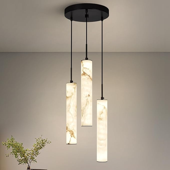 LMQNINE Natural Alabaster Pendant Lights for Kitchen Island White Marble Long Tube Chandelier 4000K Modern Black Ceiling Light Fixtures for Bedroom Dining Room Living Room Hallway(Y-3Light-Crackle)