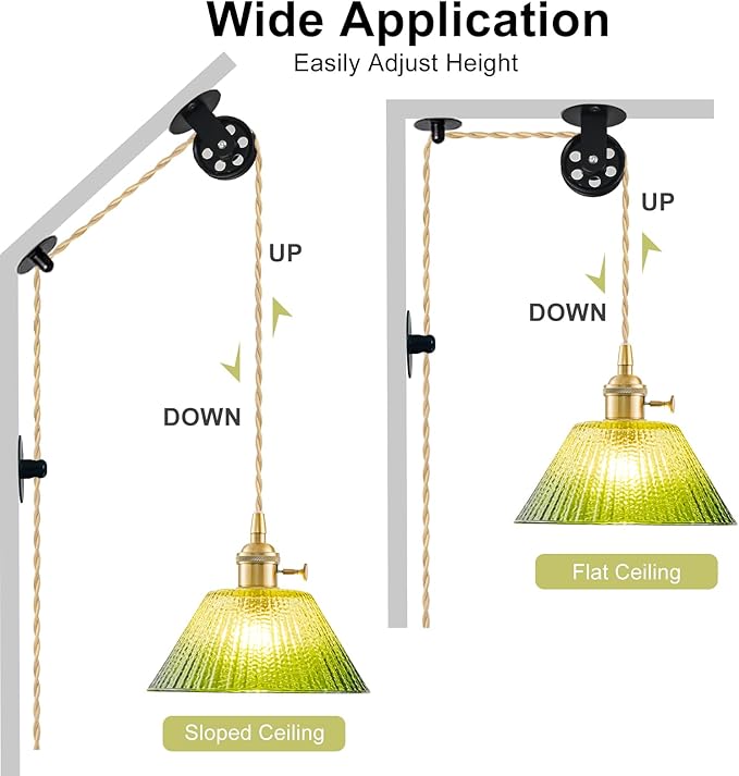 Plug in Pendant Light Vintage 2 Pack, Dimmable Pulley Hanging Lamp with Gradient Green Glass Shade, Brass Hanging Lights with Plug in Cord, Gold Plug in Hanging Light Fixture for Living Room Ceiling