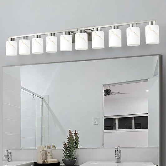 10-Light Bathroom Light Fixtures, Modern Vanity Lights, Brushed Nickel Metal Wall Lamp with White Marble Glass for Bathroom, Mirror, Living Room, Bedroom, Cabinet, Porch, Hallway, E26 Base