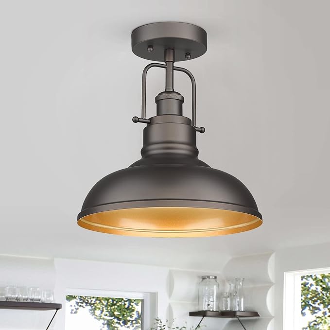 zeyu Farmhouse Semi Flush Mount Light Fixture, 11 Inch Industrial Ceiling Light Fixture for Indoor, Oil Rubbed Bronze Finish, ZY41-F ORB