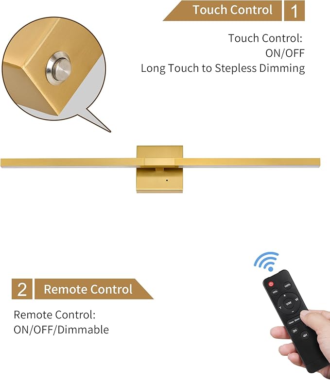 Rayogale 36 Inch 8000mAh Wireless Wall Sconce with Remote Control, 3000K/4500K/6000K Dimmable Battery Operated Wall Sconce Set of 2 with Timer, Rechargeable Wall Lights for Living Room Bedroom, Gold
