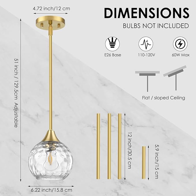 Pendant Lights Kitchen Island 3 Pack,Pendant Light Fixtures with Hammered Glass Shade,Adjustable-Height Island Lights for Kitchen with Detachable Rod,E26 Base Kitchen Pendant Lighting Over Island/Bar
