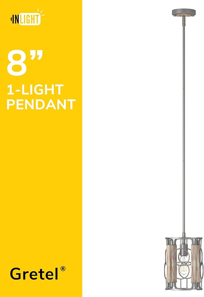 Inlight 8" Modern Farmhouse 1-Light Pendant for Kitchen Island, Open Cage Design, Rustic Distressed Wood and Brushed Silver Gray Finish, IN-0336-1-WD