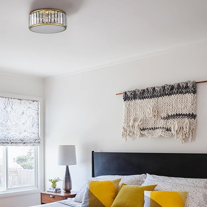 12 Inch Gold Crystal Flush Mount Ceiling Light 3-Light Drum Shade Ceiling Light Fixtures Luxury Crystal Glass Flush Mount Lighting for Bedroom Hallway Bathroom