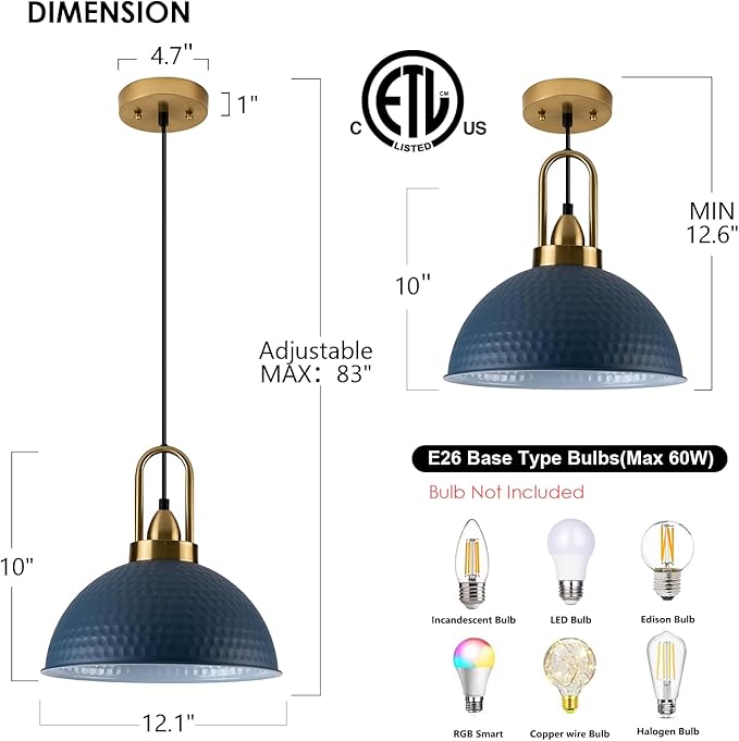 Blue Pendant Lights Kitchen Island Industrial Adjustable Height Vintage Dome Hanging Light Fixtures for Barn, Dining Room 1 Pack