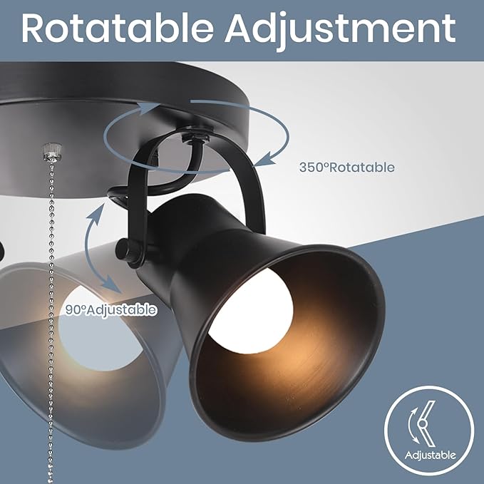 KEESFU Adjustable 3-Light Track Lighting with Pull Chain Switch, Modern Round Ceiling Lamp for Kitchen Hallway Bathroom, Directional Flush Mount Fixture for Dining Room Bedroom Office.