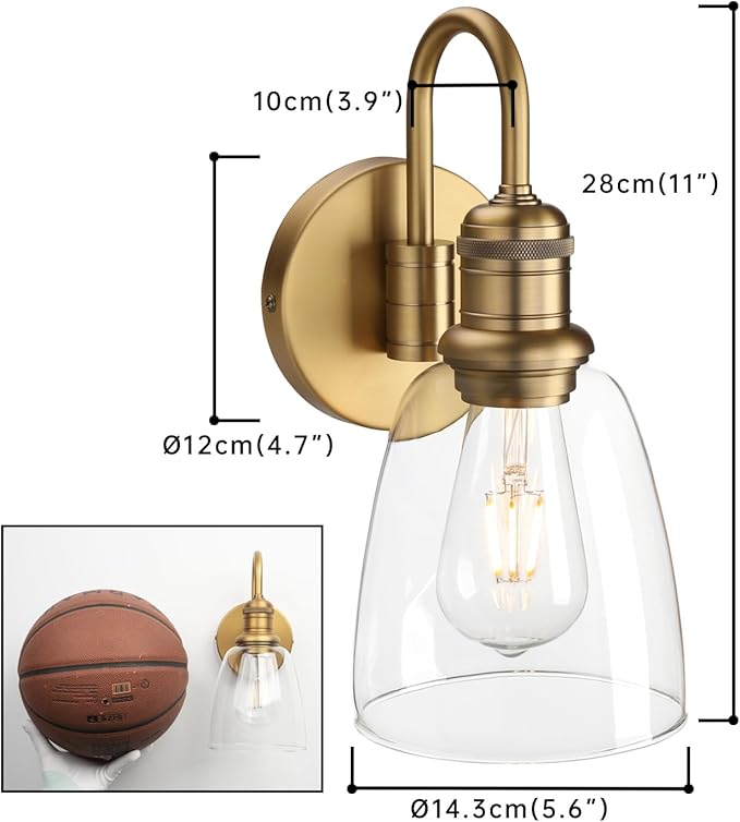 1-Light Vintage U-Shaped Wall Sconce Lamp with Cloche Clear Glass Shade, Industrial Indoor Wall Light Fixture for Bathroom Living Room Bedroom Over Kitchen Sink