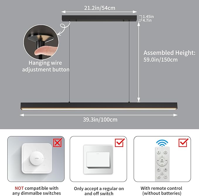Modern LED Linear Pendant Light, 39IN Ceiling Chandlier Light Fixtures Hanging with Remote Control 3000k-6500K Adjustable Color Temperature Island Light for Dining Room, Kitchen