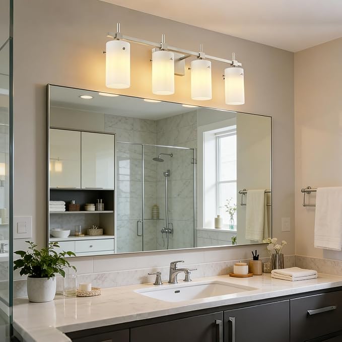 SOLFART 4 Light Bathroom Vanity Lights Over Mirror, Vintage Bathroom Lighting Brushed Nickel Wall Sconce with Milky White Glass Shade