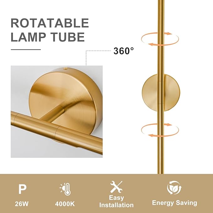 Gold Bathroom Light Fixtures Over Mirror 36 Inch, 26W 360° Rotatable Dimmable 4000K Led Vanity Light Bar, Brushed Gold Bathroom Vanity Lights Above Mirror
