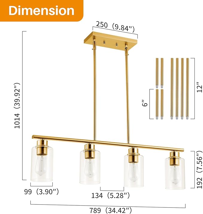 mavcadonf Kitchen Island Light, 4-Light Pendant Lighting, Farmhouse Industrial Dining Room Light Fixtures for Kitchen Island Dining Living Room, Brushed Gold with Clear Glass Shade