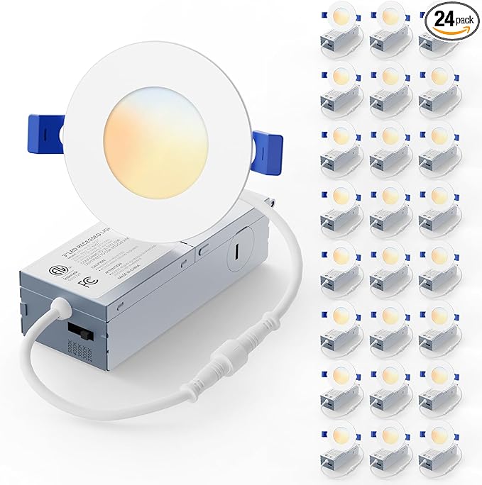 24 Pack 3 Inch LED Recessed Light, Dimmable, Damp Rated, 5CCT Selectable, 6W 500LM, 120V, Silm Canless Wafer Ceiling Light, ETL&FCC
