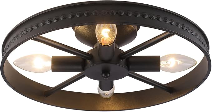 Round Ceiling Light Fixture 4-Lights Semi-Flush Mount Ceiling Light Fixture Black Rustic Metal Farmhouse Chandelier for Kitchen Island Dining Room Hallway Entryway Bedroom Living Room
