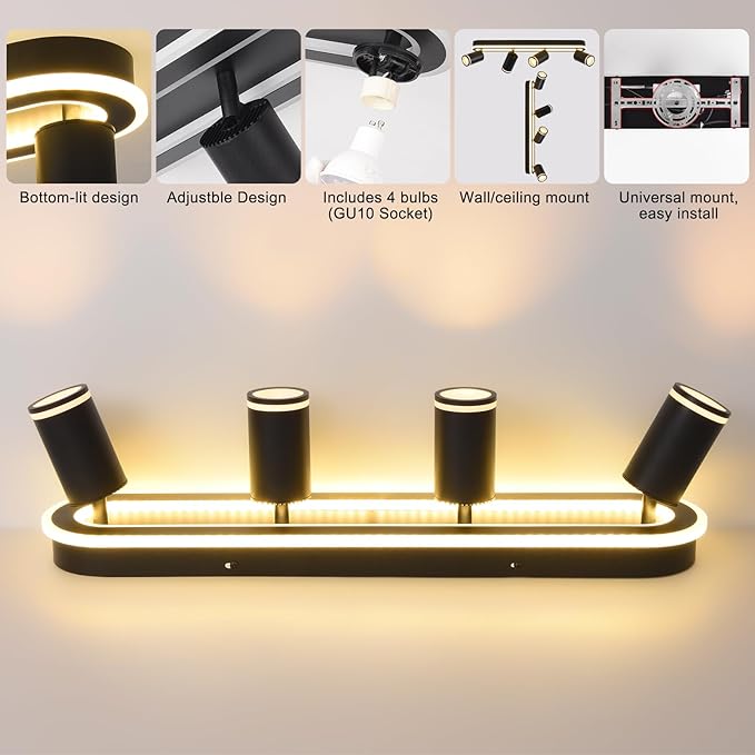 LED 4 Light Track Lighting Spotlight Kit, Black Ceiling Spotlights, Modern Track Light Fixture with Flexibly Rotatable Light Heads, 50W+20W Dual Lighting for Kitchen Living Room,Includes 4 x GU10 Bulb