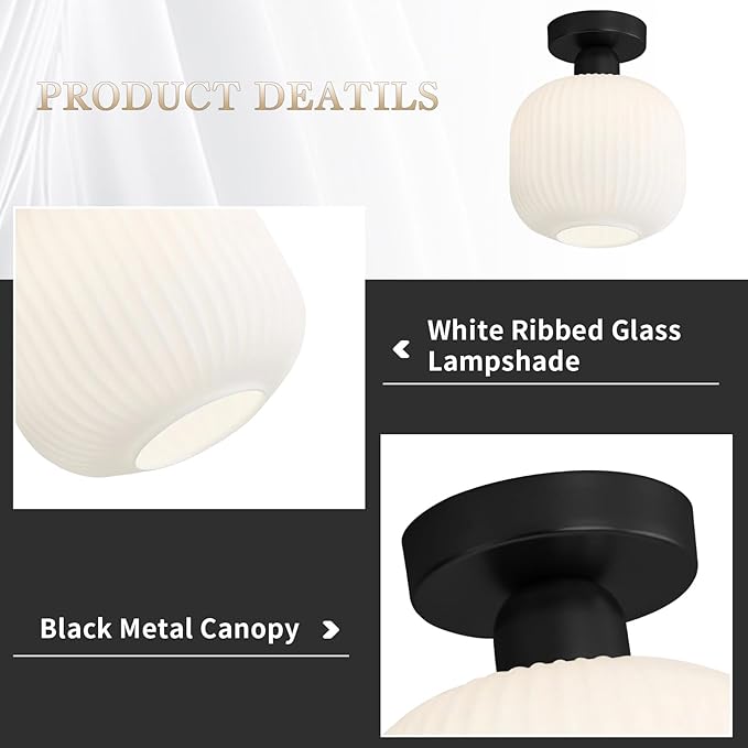 KCO Lighting Modern Farmhouse Black Semi Flush Mount Ceiling Light White Ribbed Glass Flush Mount Ceiling Light Small Hallway Light Fixtures Mid Century Bathroom Ceiling Lighting