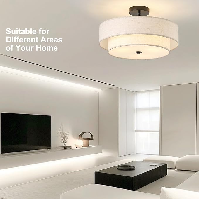 17.7" Close to Ceiling Light Fixtures, Black Semi Flush Mount Ceiling Light Fixtures with 2-Tier Drum Fabric Lamp Shade, Modern Ceiling Light Fixtures Flush Mount for Bedroom Hallway Nursery