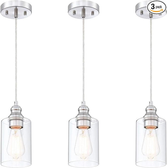 WISBEAM Pendant Lighting Fixture, Hanging Ceiling Lights with E26 Medium Base Max. 60 Watts, ETL Rated, Bulbs not Included, Nickel, 3-Pack