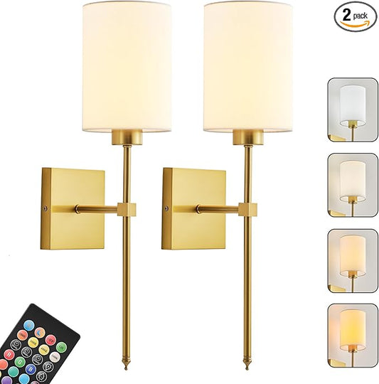KARTOOSH Battery Operated Wall Sconce Set of Two, Wireless Rechargeable Wall Light with Remote Control, Dimmable, 4 Color Temperatures, RGB, Timer, for Living Room,Bedroom,Entryway, Gold, 20.6 Inch