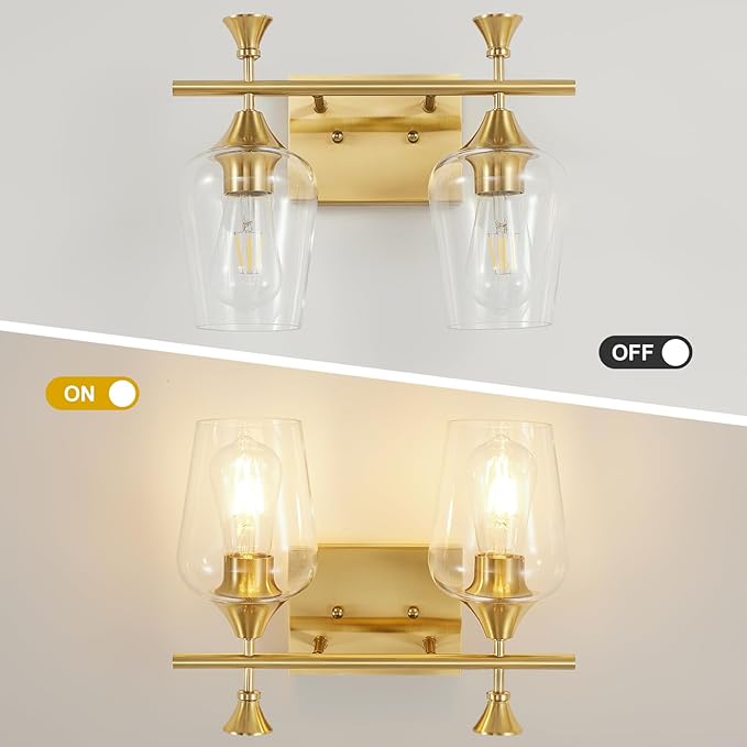Bathroom Light Fixtures (2-Light, 14 Inch), Brushed Gold Vanity Lights for Bathroom with Clear Wine Glass Glass Shade, Modern Vanity Wall Lights for Mirror Bedroom Living Room Kitchen Hallway Porch