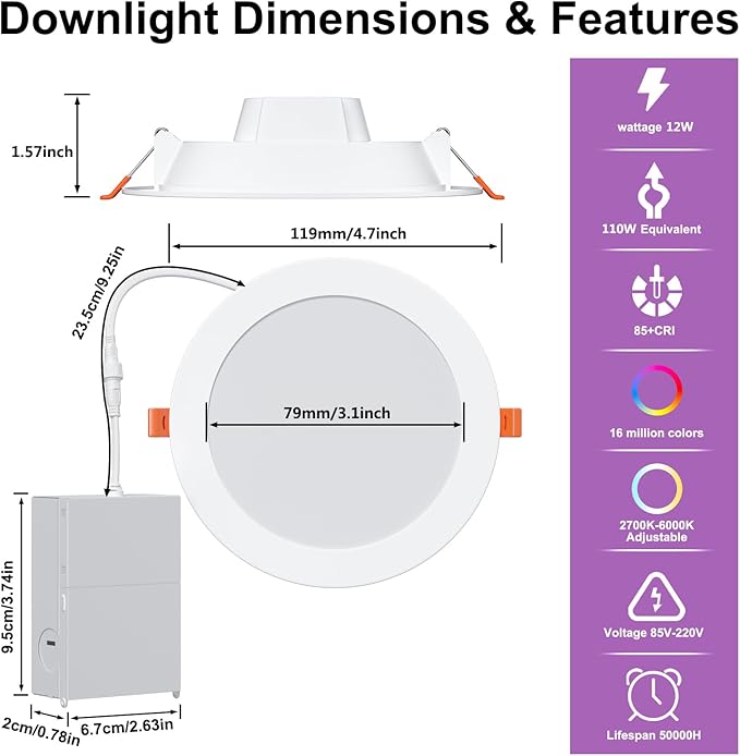 24Pack Smart Recessed Lighting 4 Inch RGBCW Color Changing 12W LED Downlight with Junction Box,1080 Lumen Recessed Ceiling Light Compatible with Alexa,Dimmable by Bluetooth Control