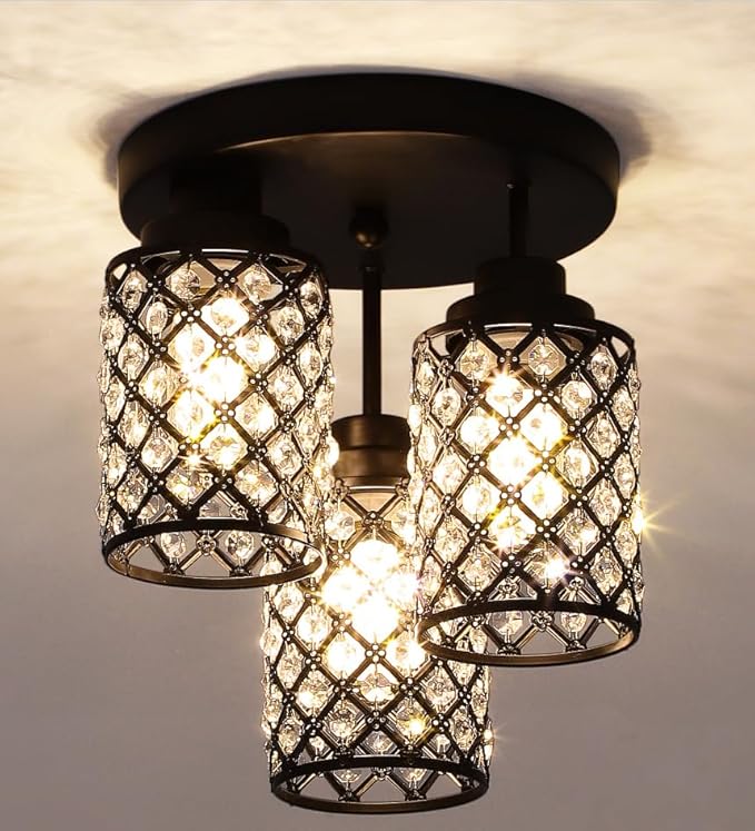 Semi Flush Mount Ceiling Light, 3-Light Close to Ceiling Light Fixtures with Crystal Metal Shade, Modern Crystal Chandelier for Bedroom Entryway Kitchen Hallway