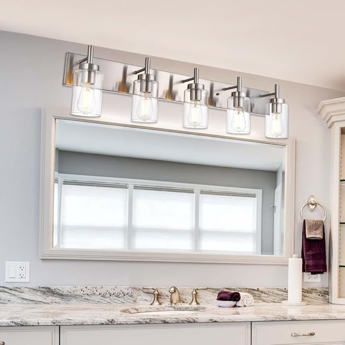 VINLUZ 5 Lights Bathroom Vanity Light Fixture Brushed Nickel Sconces Wall Lighting Modern Industrial Indoor Wall Mounted Lamp for Kitchen Living Room Dining Room (Patent No.: US D958,438 S)