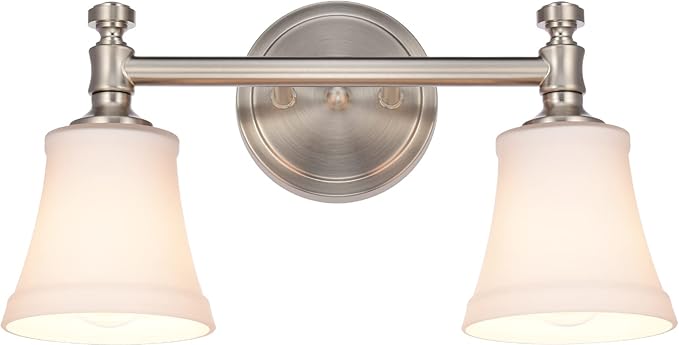 Bathroom Vanity Light Fixtures, Traditional Brushed Nickel 2 Lights Wall Sconce Lighting with Opal Glass Shade, Porch Wall Mount Light Fixture for Bathroom, Mirror Cabinets Hallway Stairs