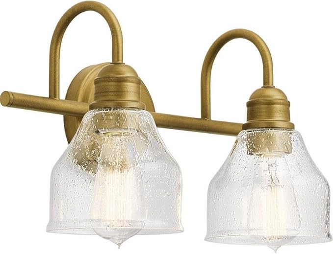 Kichler Avery 15" 2-Light Bathroom Vanity Light Fixture with Clear Seeded Glass in Natural Brass for Industrial Farmhouse Bathroom Over Mirror (8.25" x 15" x 9.5") 45972NBR