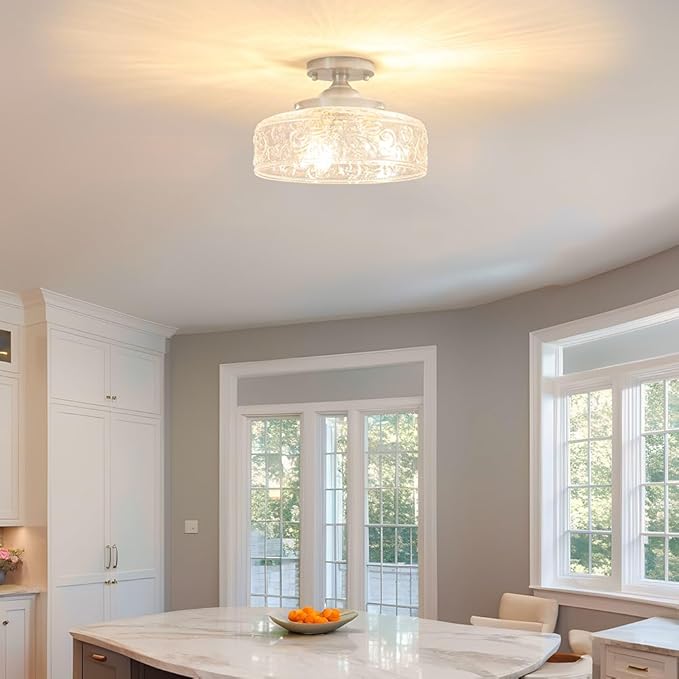 Brushed Nickel Semi Flush Mount Ceiling Light, 3-Light Close to Ceiling Light, Flush Mount Ceiling Lighting with Globe Glass, Farmhouse Closet Fixtures for Hallway Bedroom Entryway Kitchen Porch,E12