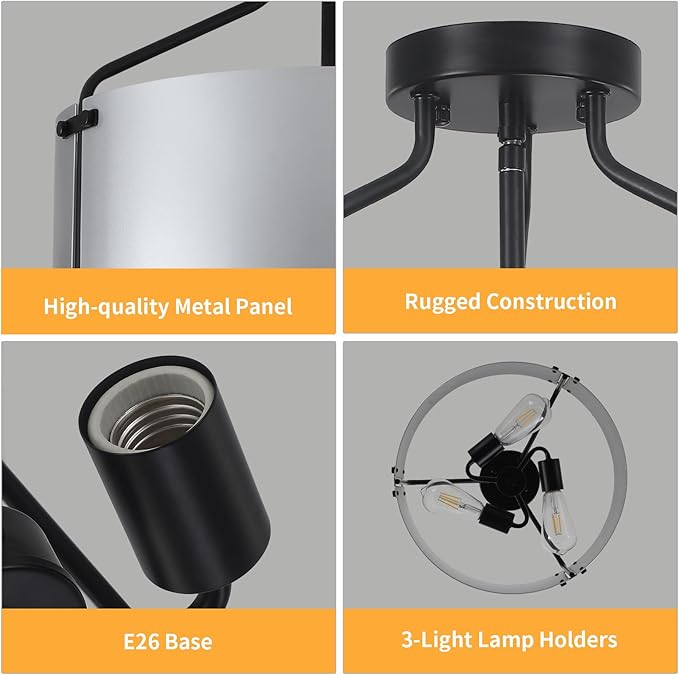 Kitchen Lighting Fixtures Ceiling,16''Silver Chandelier Light Fixture,Drum Bedroom Ceiling Lights,3-Light Close to Ceiling Light Fixtures for Farmhouse Hallway Porch Entryway