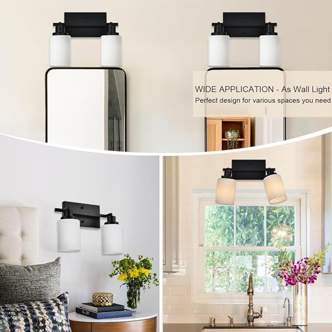 TODOLUZ Wall Sconce Track Lighting Kit, 2-Lights Wall Mounted Light Fixtures in Black Finish, Ceiling Spotlight with Opal White Glass for Bedroom Cloakroom