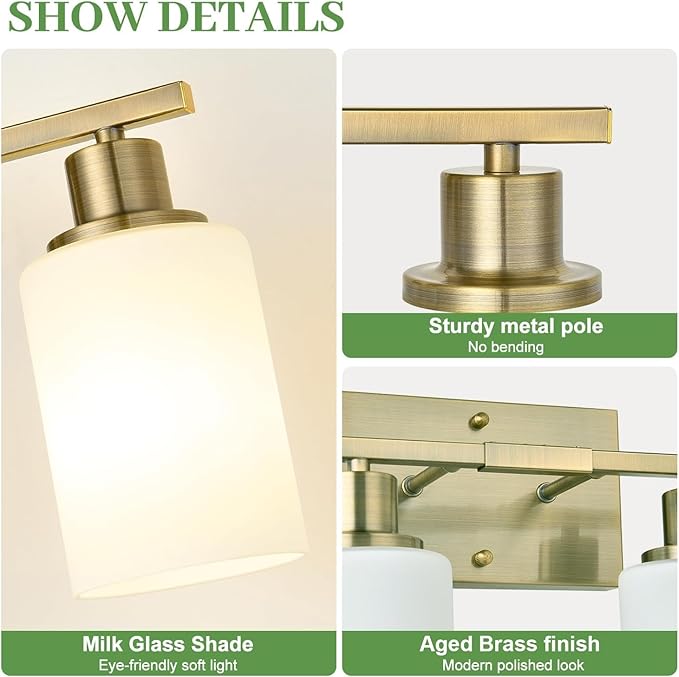 MOKATNG 3-Light Bathroom Light Fixtures, Aged Brass Vanity Light with Milky White Shades, Bathroom Lighting Fixtures Over Mirror, Modern Bathroom Wall Lamp for Mirror Living Room Cabinet Bedroom