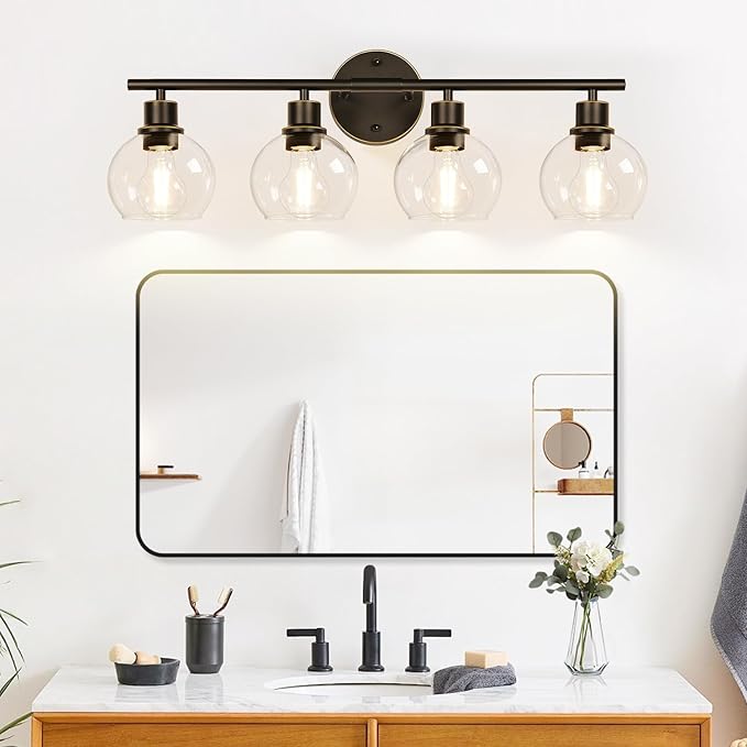 Indoi 4-Light Bathroom Light Fixtures, Oil Rubbed Bronze Bathroom Lights Over Mirror with Clear Glass Globe Shade, Vanity Lights for Bathroom Kitchen Living Room Hallway Cabinet Bedroom Porch