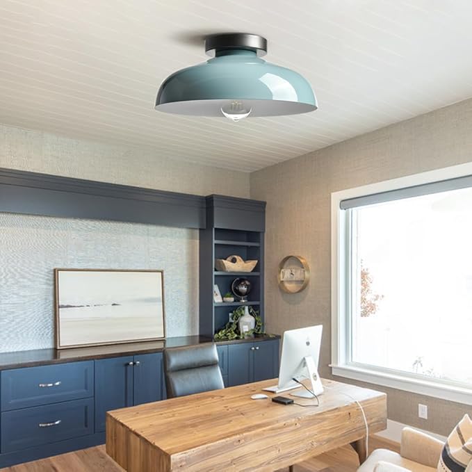 DIRYZON Modern Macaron Ceiling Light,12-Inch Semi Flush Mount Ceiling Light with Metal Barn Shade for Bedroom Porch,Sea Blue Green