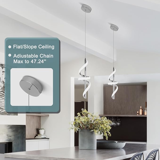 Led Pendant Light Fixtures,6000K Cool White Modern Pendant Lights for Kitchen Island,Adjustable Kitchen Island Light Fixture for Dining Room Bedroom Sink, 1 Pack (Chrome, 2 Packs)