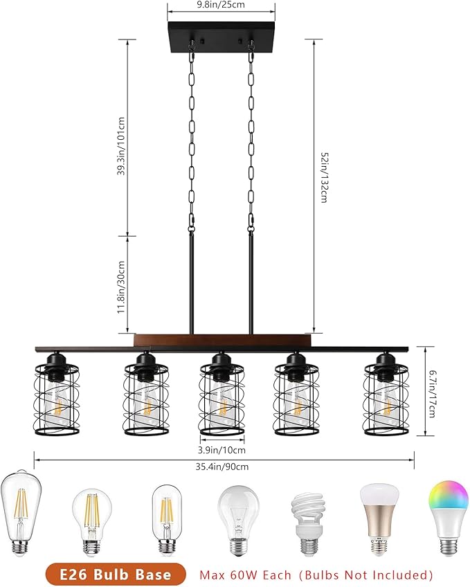 Kitchen Island Lighting, 5-Light Dining Room Light Fixture Over Table, Black Metal & Wood Linear Chandeliers with Cage Shade, Farmhouse Rustic Hanging Ceiling Pendant Light Fixtures for Kitchen