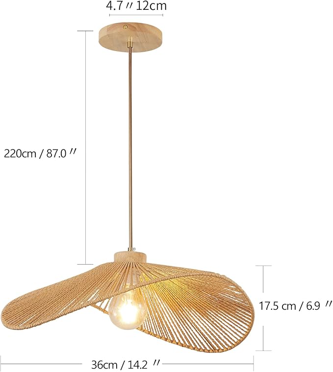Boho Rattan Pendant Light Fixture Modern Style Hanging Light Bohia Natural Bamboo Handmade2-Light Hanging Lamp for Farmhouse Bedroom Living Room Dining Room S Size