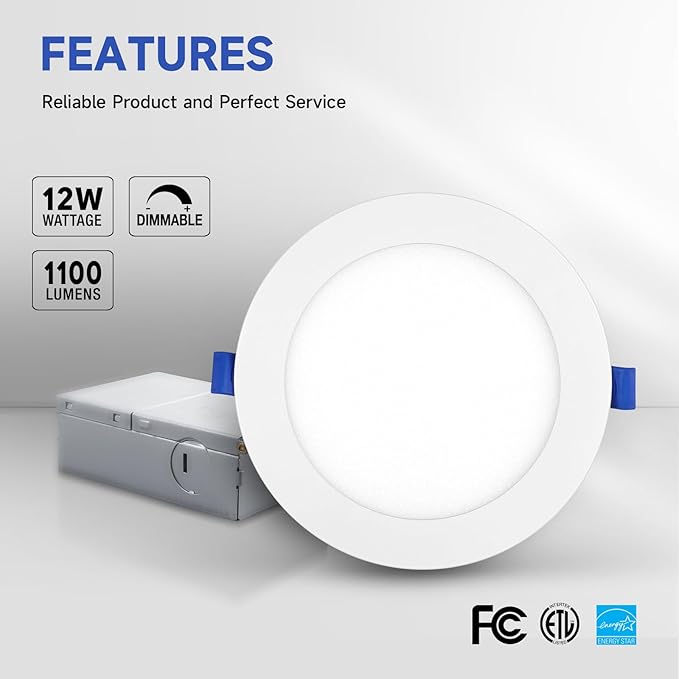 ECOELER 6 Inch Ultra-Thin LED Recessed Lighting with Junction Box, 12W 4000K Cool White, Dimmable Can-Killer Downlight, 1100Lm High Brightness, ETL Listed