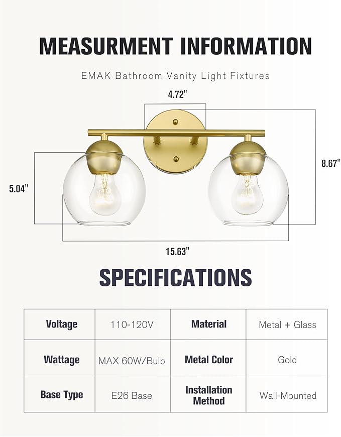 Emak 2-Light Gold Bathroom Light Fixtures Over Mirror, Globe Bathroom Vanity Light with Clear Glass Shades and Gold Finish, VL114-GD-2