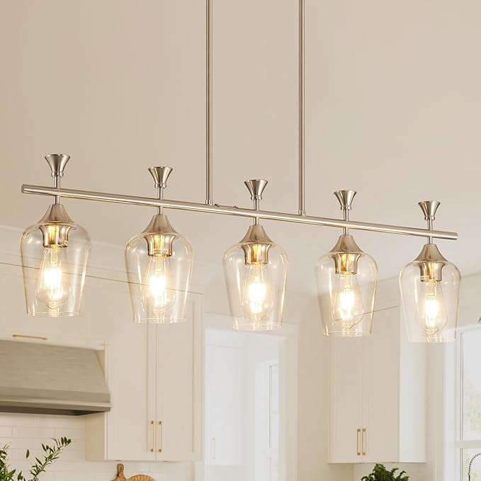 37" Dining Room Light Fixture/Chandelier Over Table, 5-Light Brushed Nickel Kitchen Island Lighting with Clear Glass Shade, Modern Hanging Pendant Lights Fixture for Kitchen Island, Dining Room, Bar