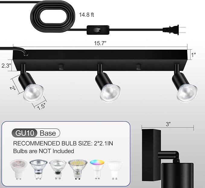 Plug in Track Lighting, 16" LED Track Light Fixtures Ceiling, Black 3 Way GU10 Wall Spotlight, Rotatable Track Head, Plug in Ceiling Light Kitchen Hallway Living Room,15 Foot Power Cord(NO Bulb)