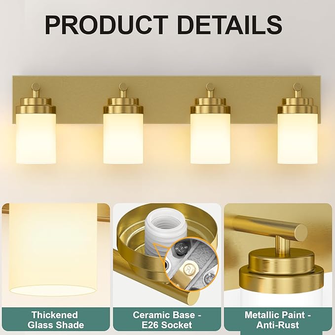 IZORRO Bathroom Vanity Light Fixture, 4-Light 30 Inch Gold Bathroom Light Fixtures Over Mirror, with White Glass Shade, Modern Farmhouse Vanity Lights, Rustic Restroom Lighting Fixtures