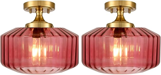 Gold Mid Century Modern Flush Mount Ceiling Light, 2-Pack Purple Ribbed Glass Close to Ceiling Lighting Fixture, Vintage Farmhouse Flush Mount Lamp for Bedroom Hallway Kitchen Laundry Room