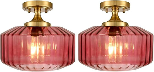 Gold Mid Century Modern Flush Mount Ceiling Light, 2-Pack Purple Ribbed Glass Close to Ceiling Lighting Fixture, Vintage Farmhouse Flush Mount Lamp for Bedroom Hallway Kitchen Laundry Room